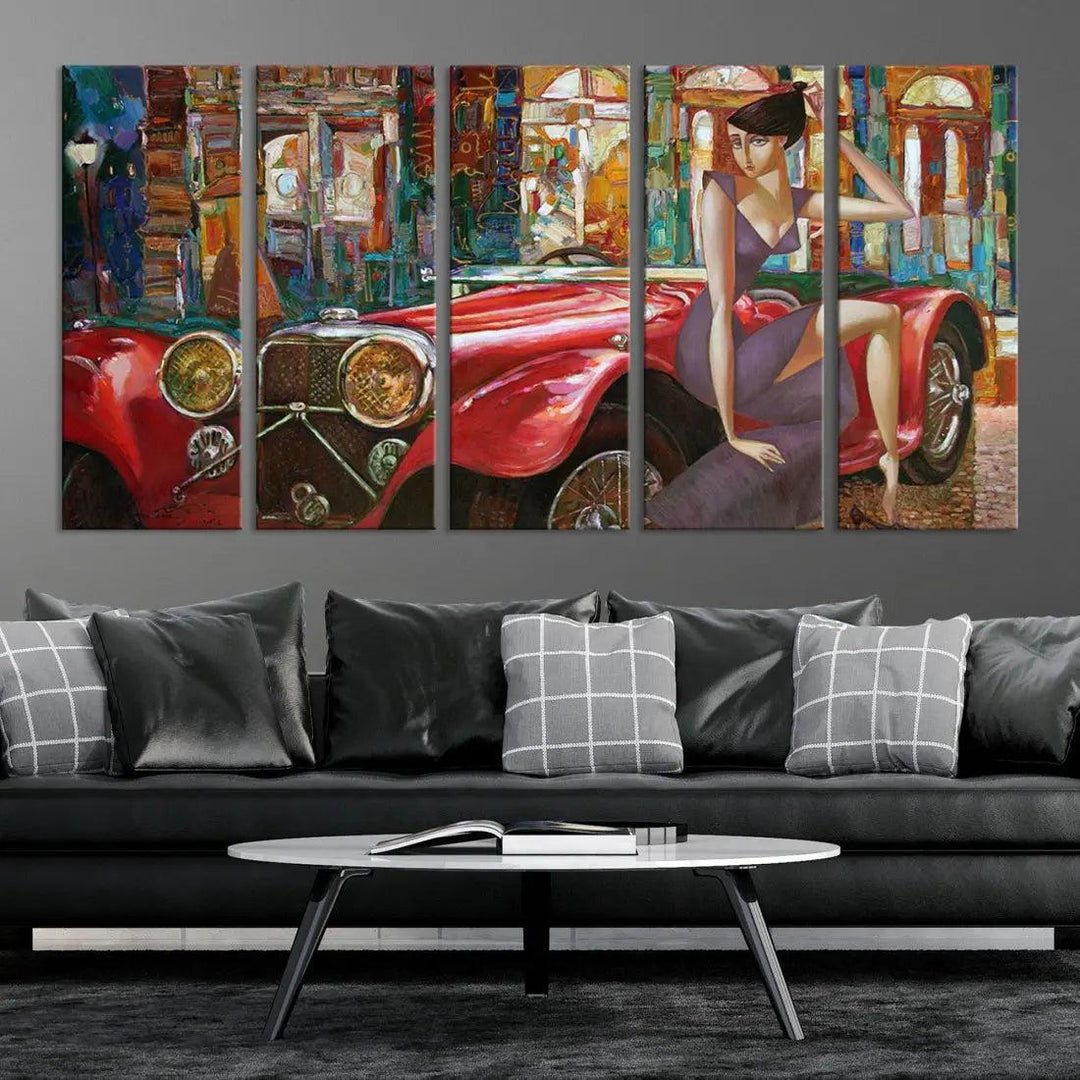 Lady With a Red Old Antique Car Jalopy Wall Art Canvas Print