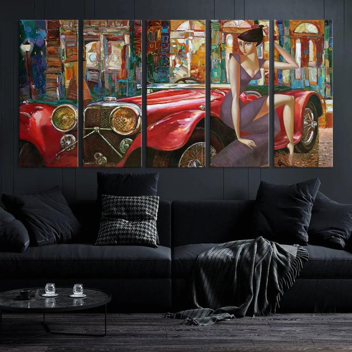 Lady With a Red Old Antique Car Jalopy Wall Art Canvas Print