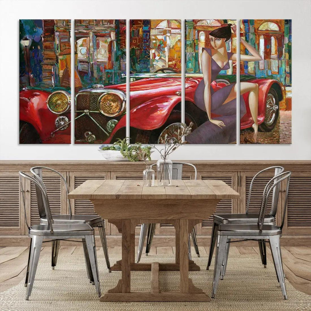 Lady With a Red Old Antique Car Jalopy Wall Art Canvas Print