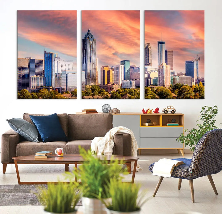 Large Atlanta City Sunset Skyline Wall Art Cityscape Canvas Print