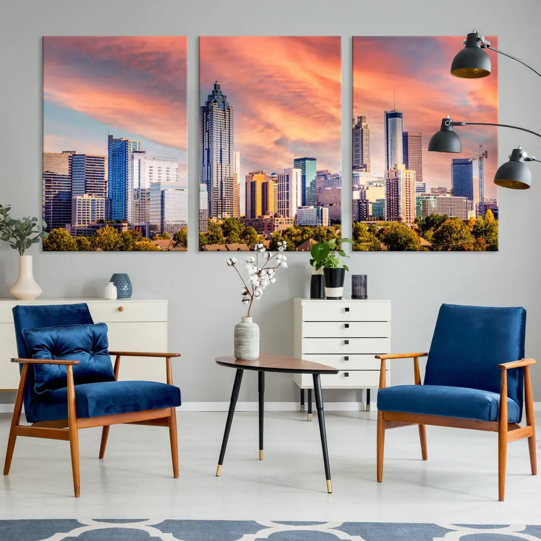 Large Atlanta City Sunset Skyline Wall Art Cityscape Canvas Print