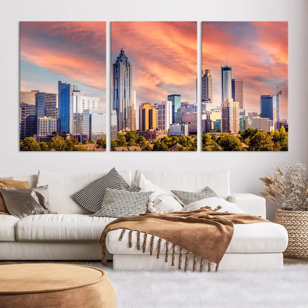 Large Atlanta City Sunset Skyline Wall Art Cityscape Canvas Print