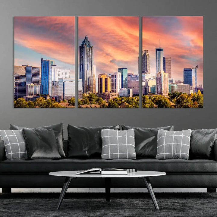 Large Atlanta City Sunset Skyline Wall Art Cityscape Canvas Print