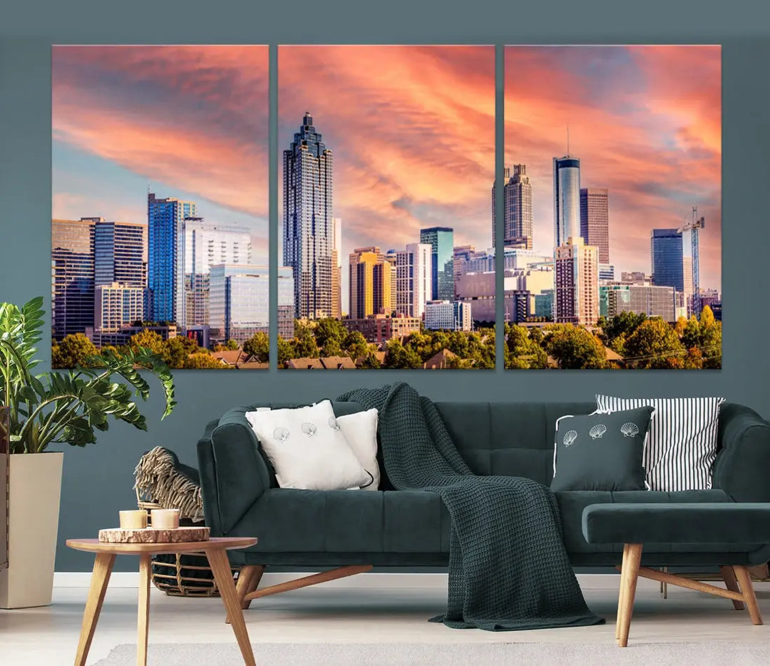 Large Atlanta City Sunset Skyline Wall Art Cityscape Canvas Print