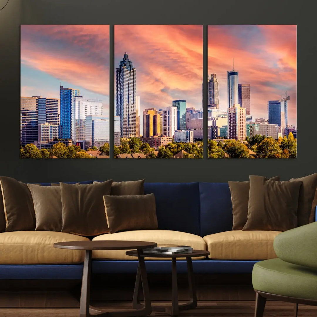 Large Atlanta City Sunset Skyline Wall Art Cityscape Canvas Print