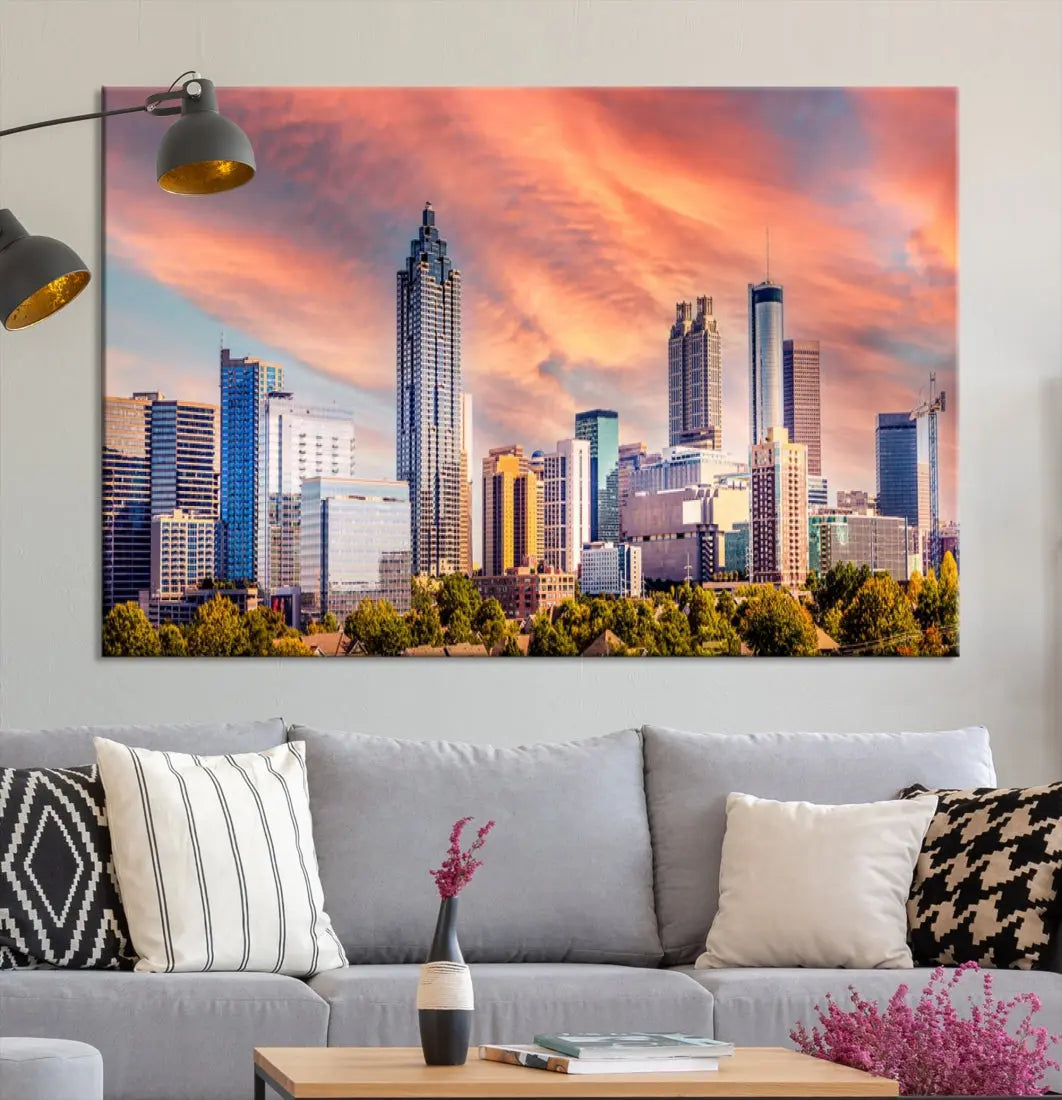 Large Atlanta City Sunset Skyline Wall Art Cityscape Canvas Print