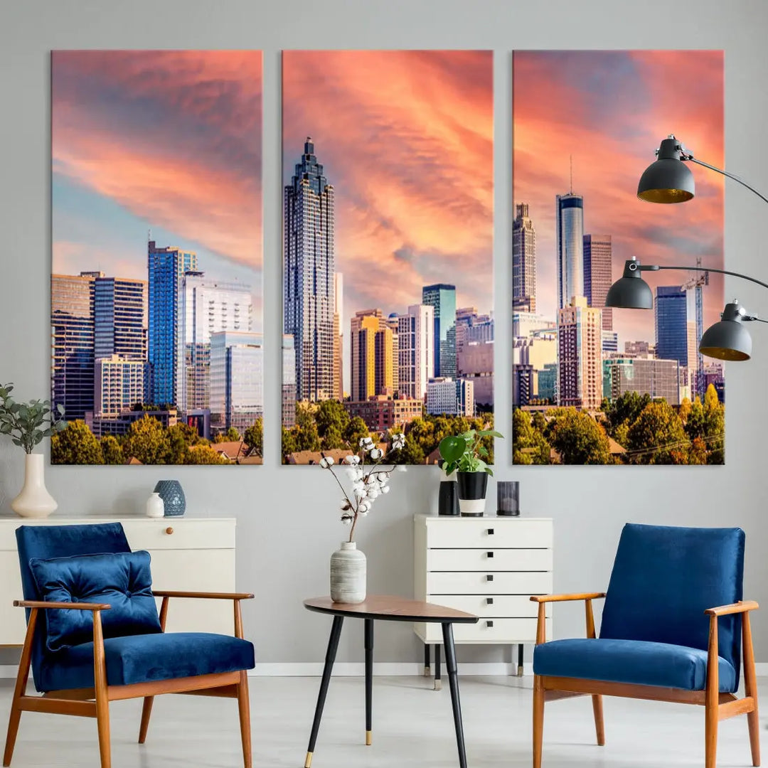 Large Atlanta City Sunset Skyline Wall Art Cityscape Canvas Print