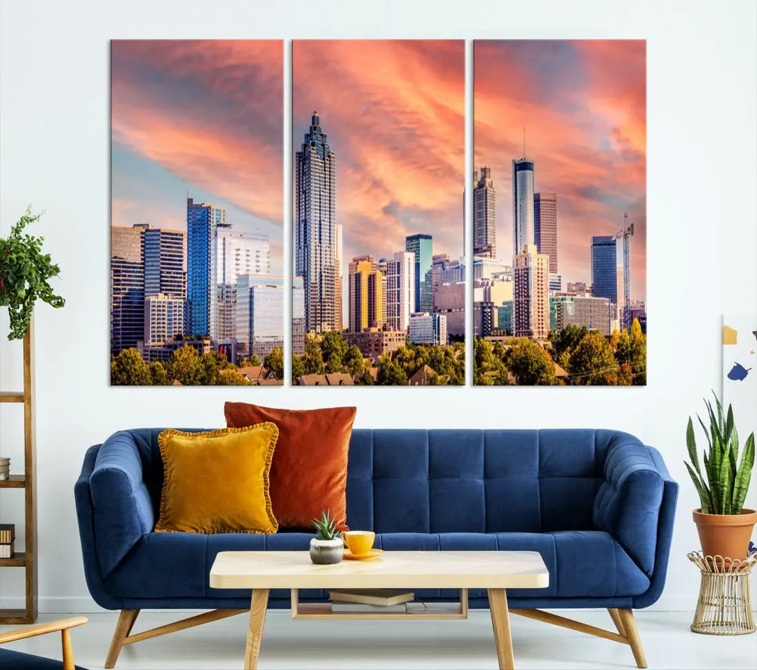 Large Atlanta City Sunset Skyline Wall Art Cityscape Canvas Print