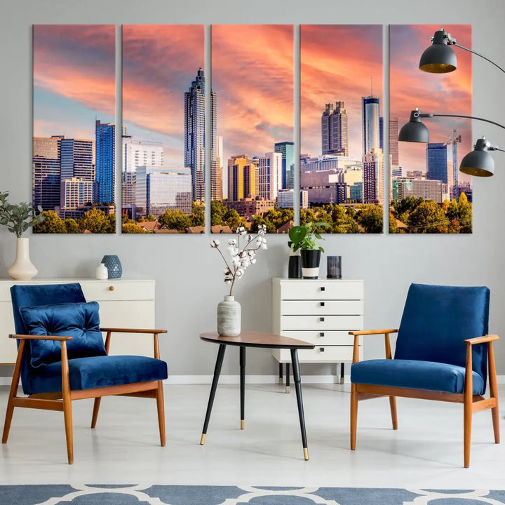 Large Atlanta City Sunset Skyline Wall Art Cityscape Canvas Print