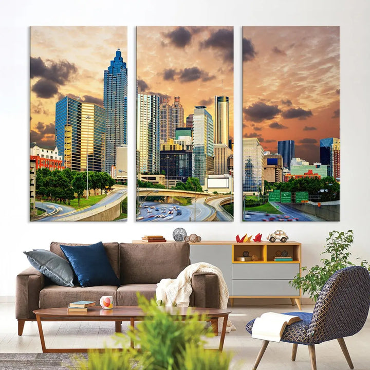 Large Atlanta Skyline Orange Sunset Wall Art Canvas Print Atlanta Cityscape