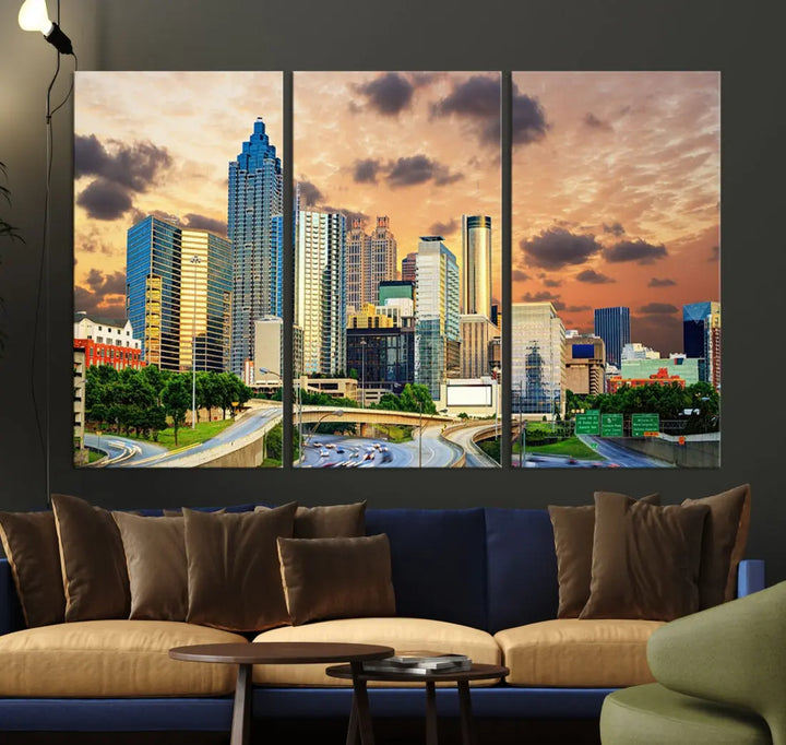 Large Atlanta Skyline Orange Sunset Wall Art Canvas Print Atlanta Cityscape