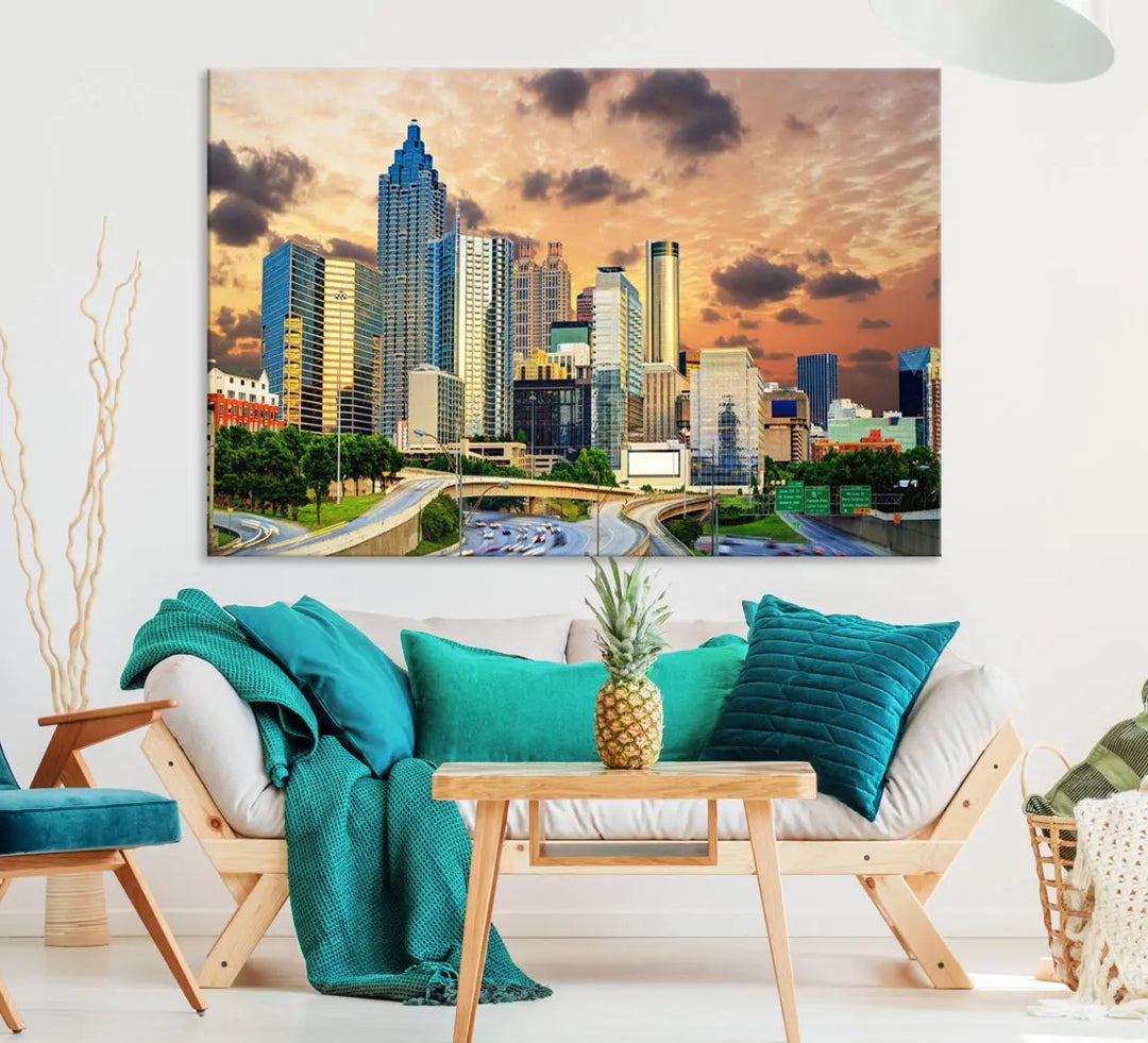 Large Atlanta Skyline Orange Sunset Wall Art Canvas Print Atlanta Cityscape