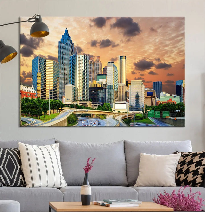 Large Atlanta Skyline Orange Sunset Wall Art Canvas Print Atlanta Cityscape