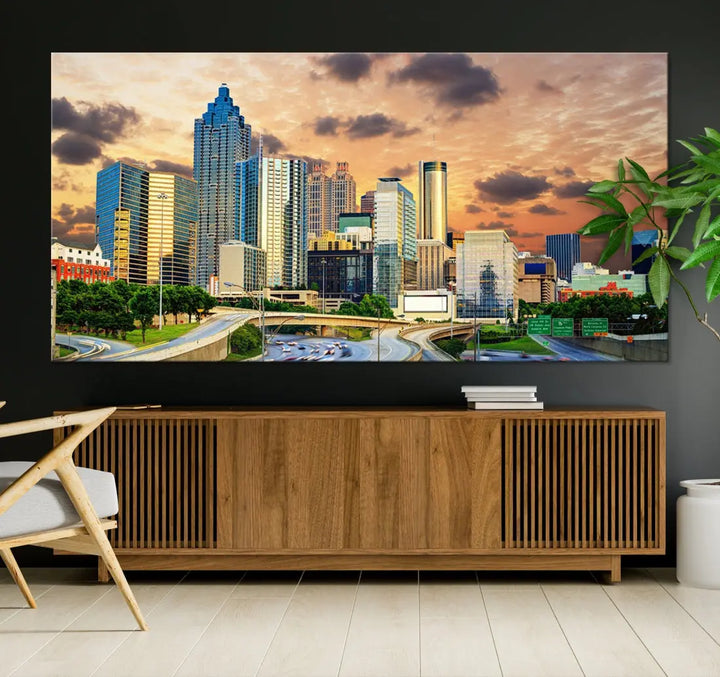 Large Atlanta Skyline Orange Sunset Wall Art Canvas Print Atlanta Cityscape