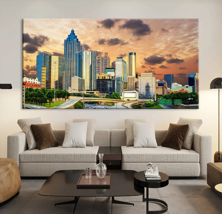 Large Atlanta Skyline Orange Sunset Wall Art Canvas Print Atlanta Cityscape