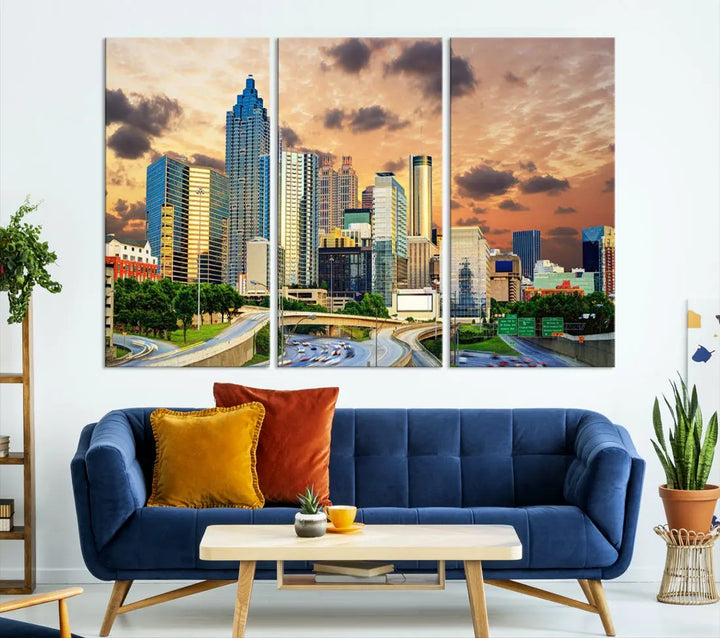 Large Atlanta Skyline Orange Sunset Wall Art Canvas Print Atlanta Cityscape