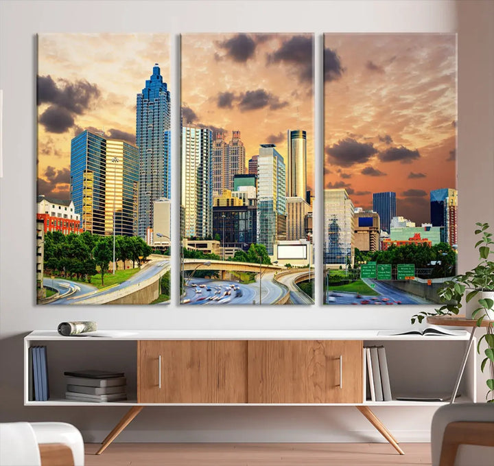 Large Atlanta Skyline Orange Sunset Wall Art Canvas Print Atlanta Cityscape