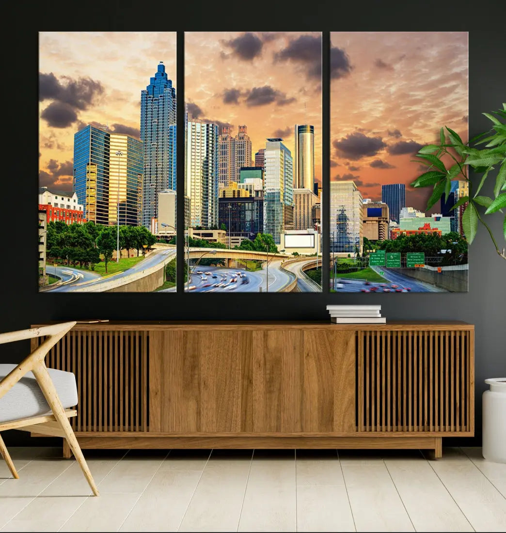 Large Atlanta Skyline Orange Sunset Wall Art Canvas Print Atlanta Cityscape