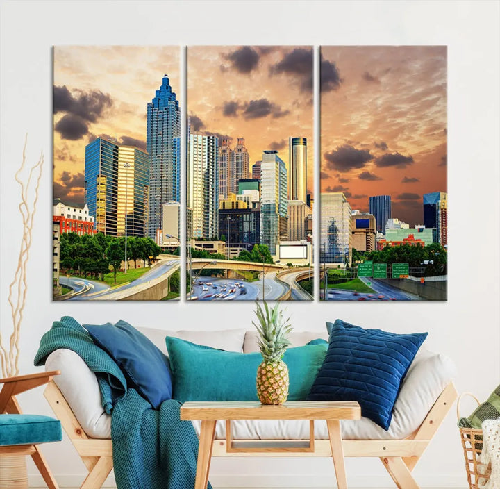 Large Atlanta Skyline Orange Sunset Wall Art Canvas Print Atlanta Cityscape