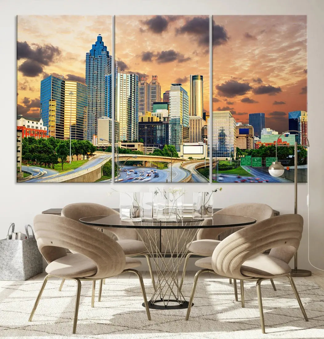 Large Atlanta Skyline Orange Sunset Wall Art Canvas Print Atlanta Cityscape