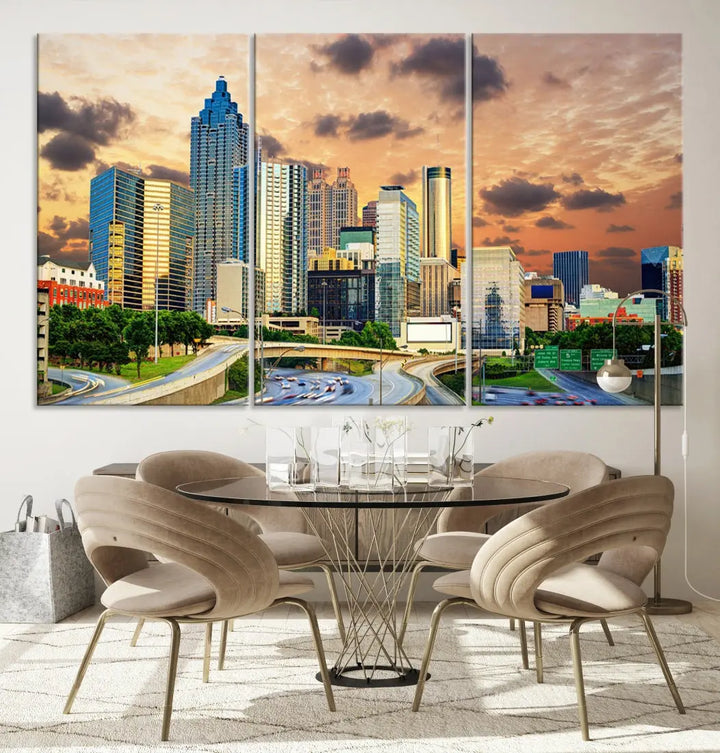 Large Atlanta Skyline Orange Sunset Wall Art Canvas Print Atlanta Cityscape