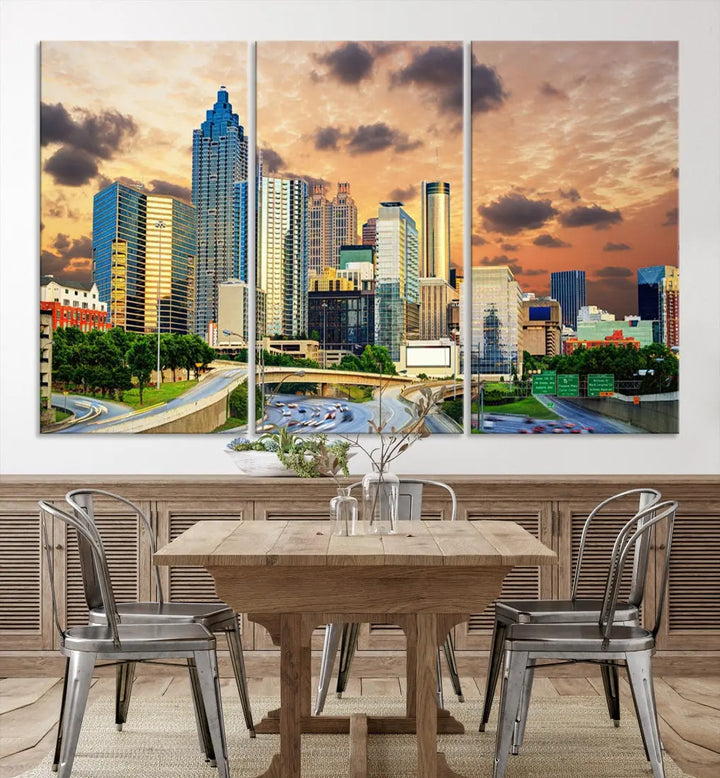 Large Atlanta Skyline Orange Sunset Wall Art Canvas Print Atlanta Cityscape