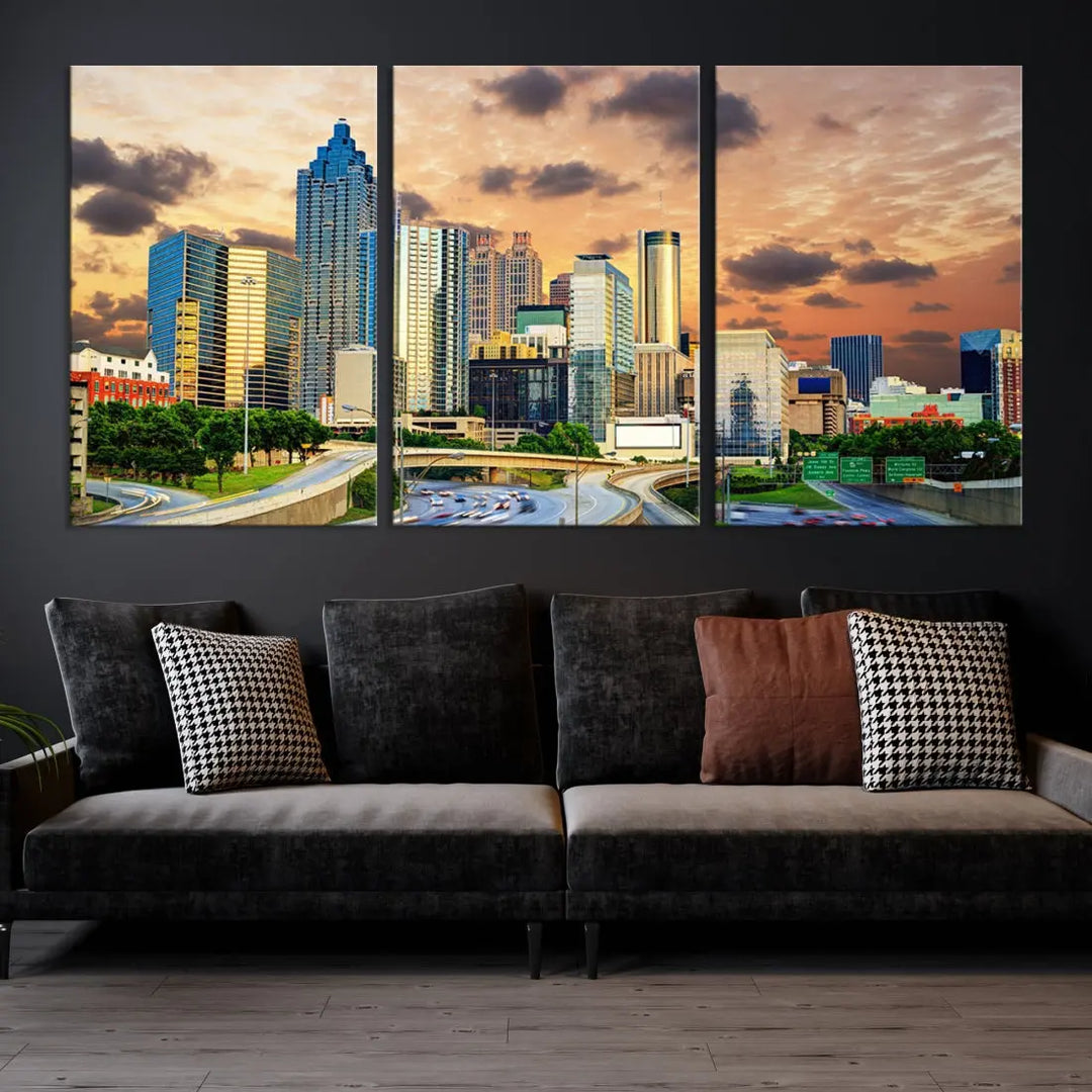 Large Atlanta Skyline Orange Sunset Wall Art Canvas Print Atlanta Cityscape