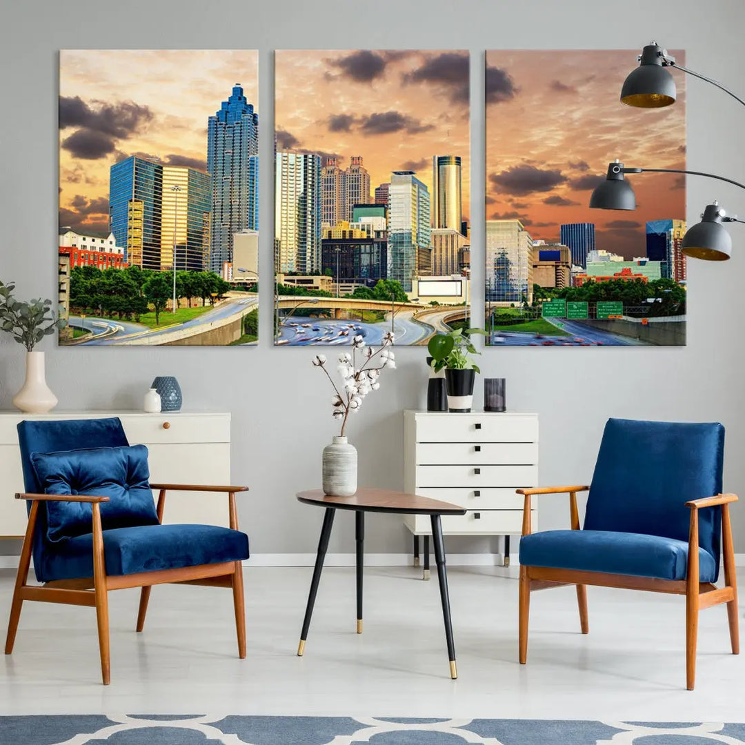 Large Atlanta Skyline Orange Sunset Wall Art Canvas Print Atlanta Cityscape