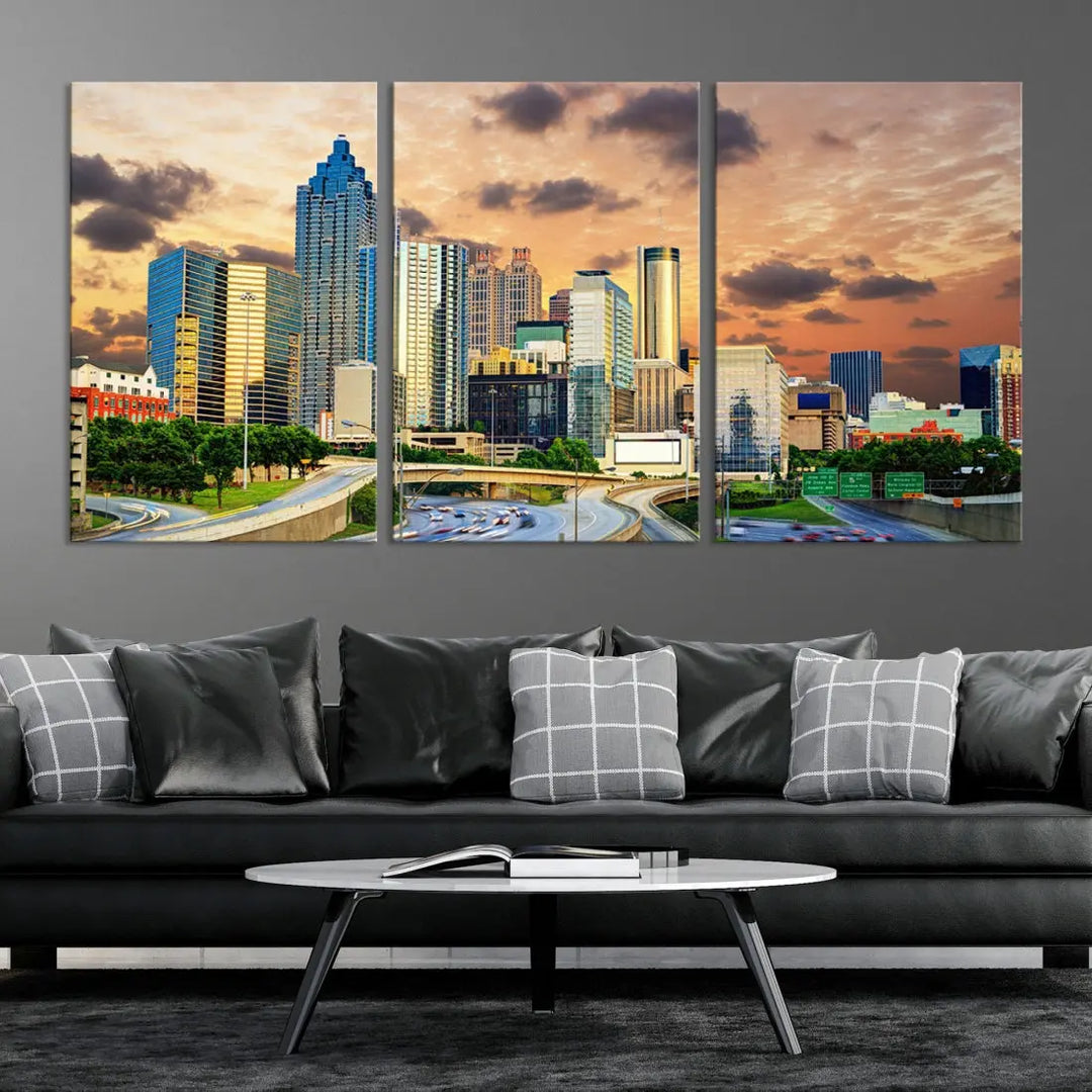 Large Atlanta Skyline Orange Sunset Wall Art Canvas Print Atlanta Cityscape