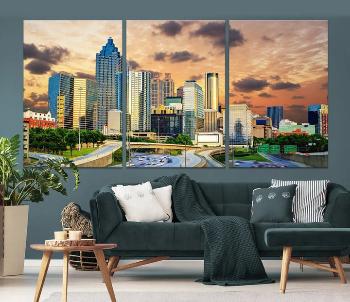 Large Atlanta Skyline Orange Sunset Wall Art Canvas Print Atlanta Cityscape