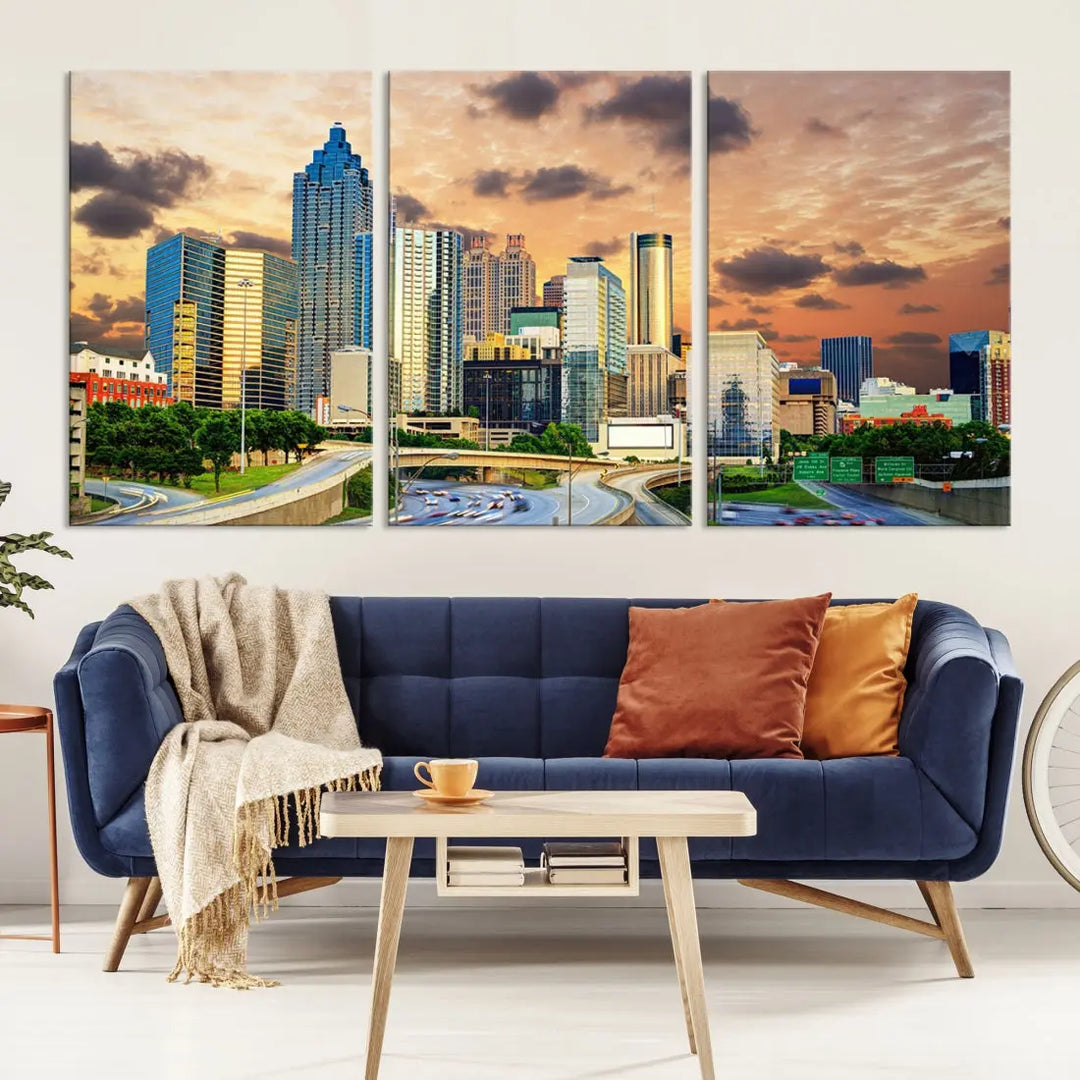 Large Atlanta Skyline Orange Sunset Wall Art Canvas Print Atlanta Cityscape