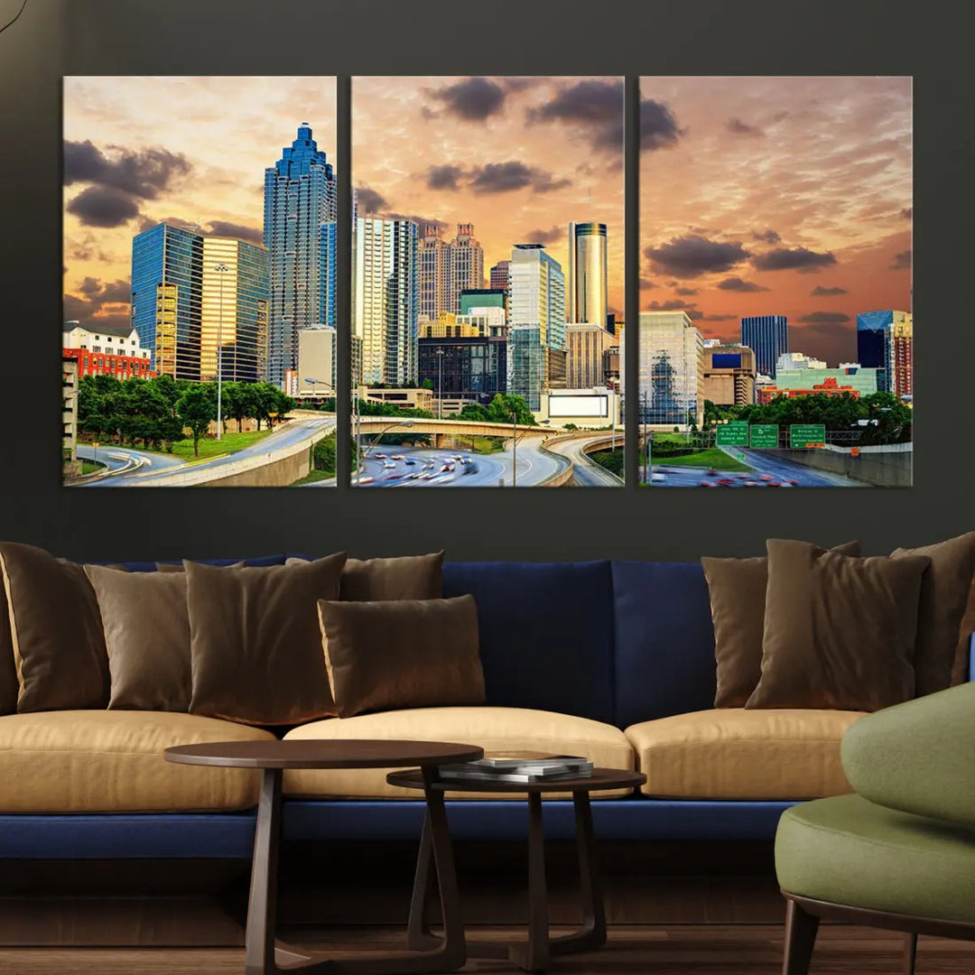 Large Atlanta Skyline Orange Sunset Wall Art Canvas Print Atlanta Cityscape