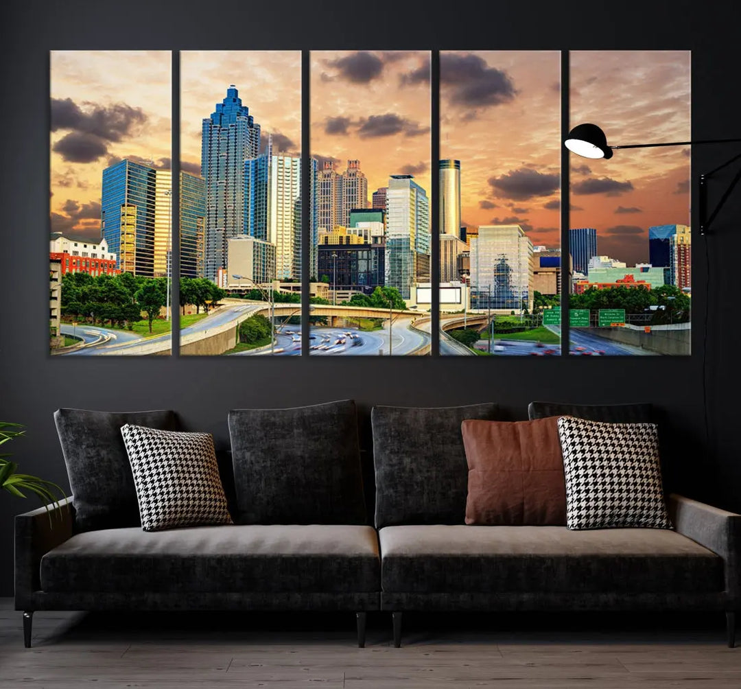 Large Atlanta Skyline Orange Sunset Wall Art Canvas Print Atlanta Cityscape