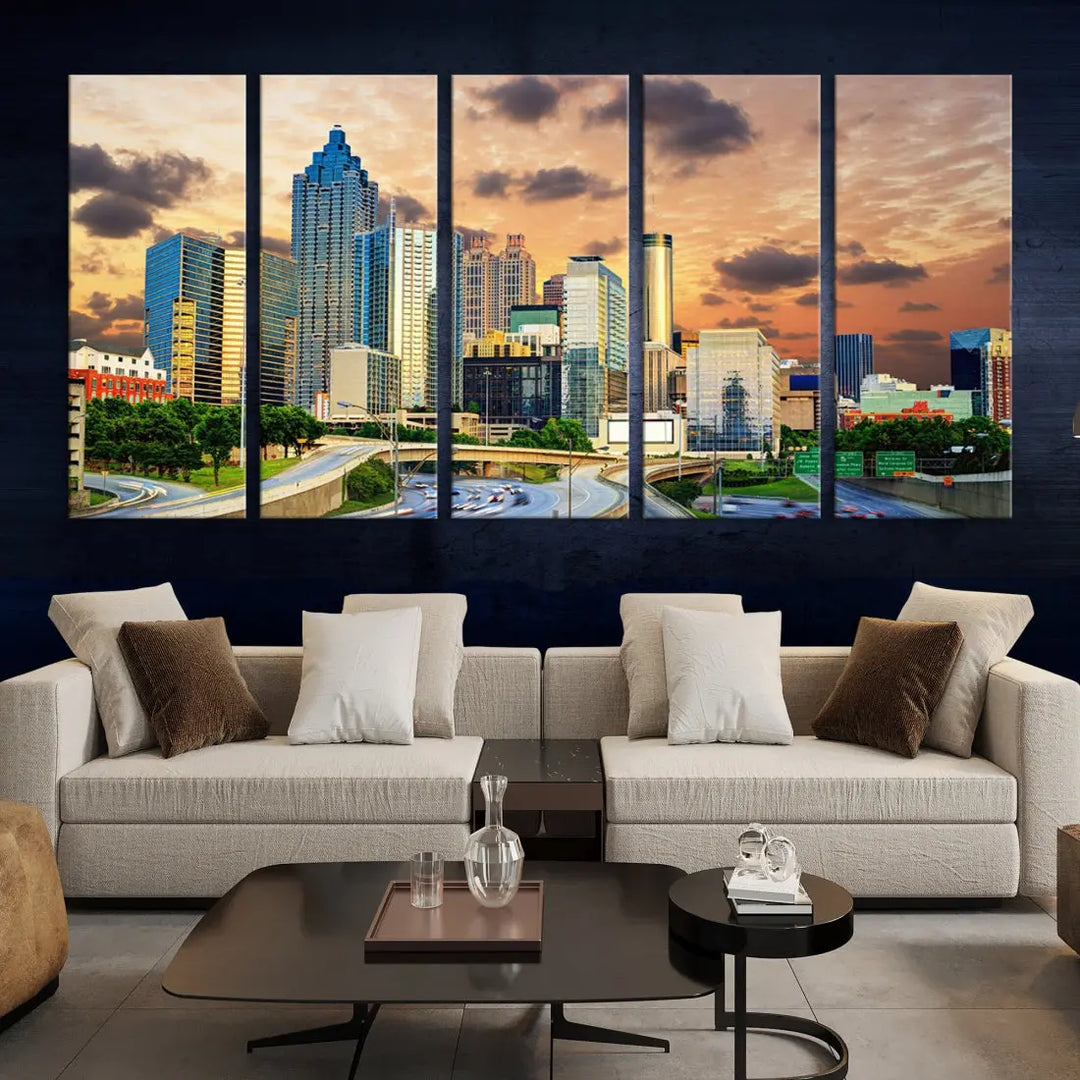 Large Atlanta Skyline Orange Sunset Wall Art Canvas Print Atlanta Cityscape