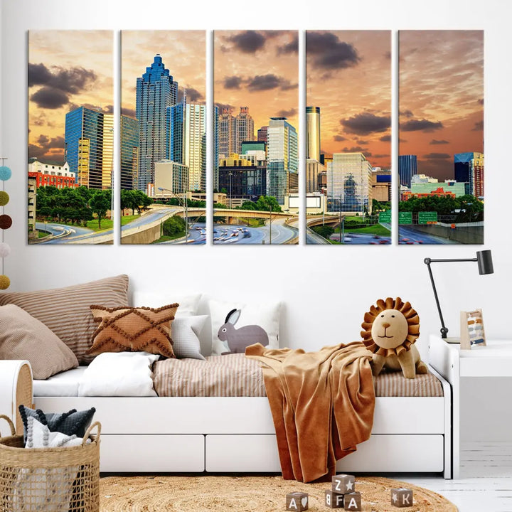 Large Atlanta Skyline Orange Sunset Wall Art Canvas Print Atlanta Cityscape