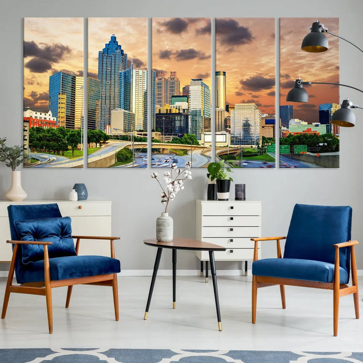 Large Atlanta Skyline Orange Sunset Wall Art Canvas Print Atlanta Cityscape