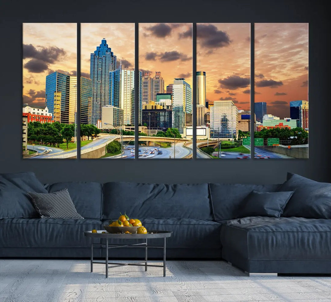 Large Atlanta Skyline Orange Sunset Wall Art Canvas Print Atlanta Cityscape