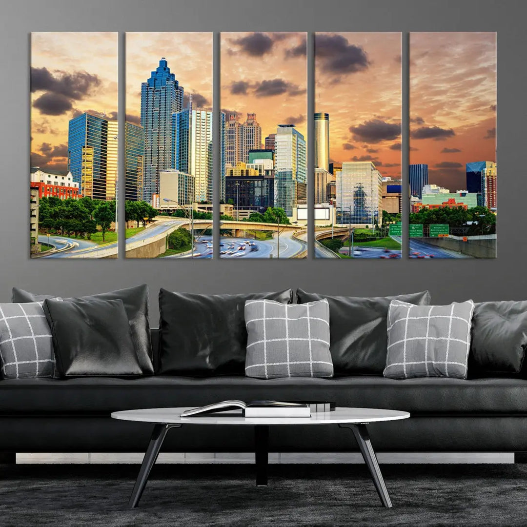 Large Atlanta Skyline Orange Sunset Wall Art Canvas Print Atlanta Cityscape