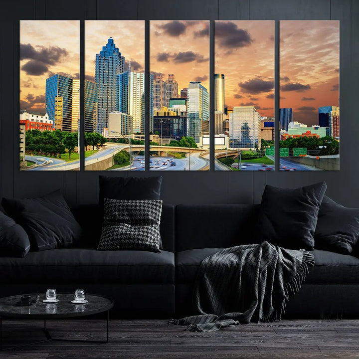 Large Atlanta Skyline Orange Sunset Wall Art Canvas Print Atlanta Cityscape