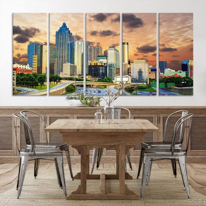 Large Atlanta Skyline Orange Sunset Wall Art Canvas Print Atlanta Cityscape