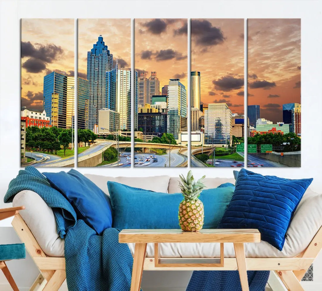 Large Atlanta Skyline Orange Sunset Wall Art Canvas Print Atlanta Cityscape