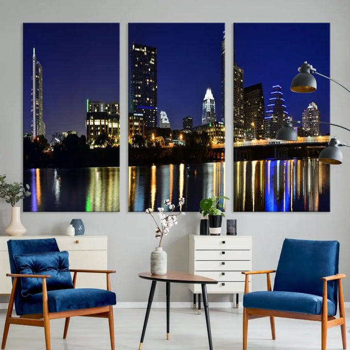 Large Austin City Night Blue Skyline Lights Cityscape Wall Art Print on Canvas