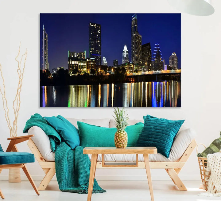 Large Austin City Night Blue Skyline Lights Cityscape Wall Art Print on Canvas