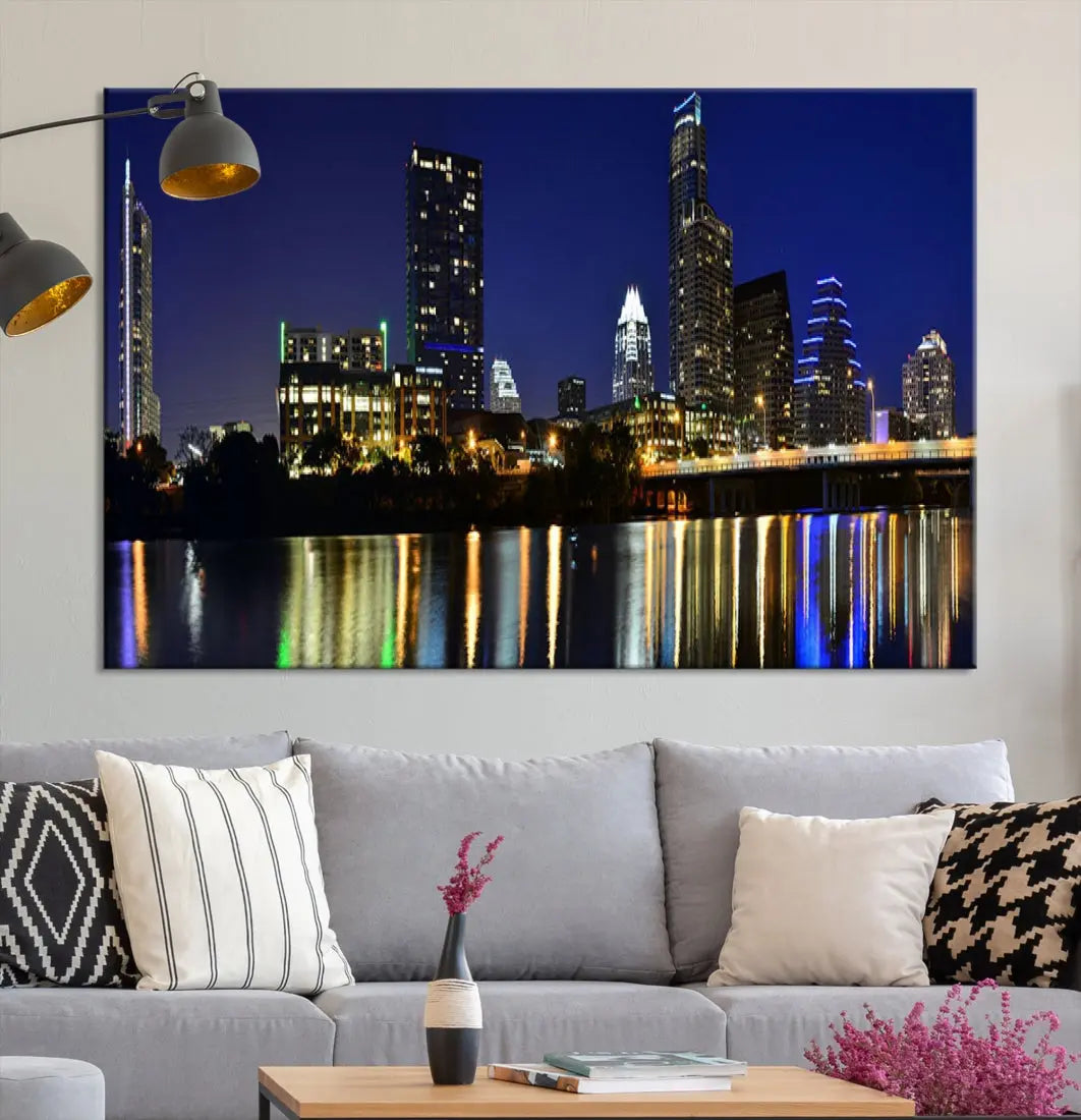 Large Austin City Night Blue Skyline Lights Cityscape Wall Art Print on Canvas