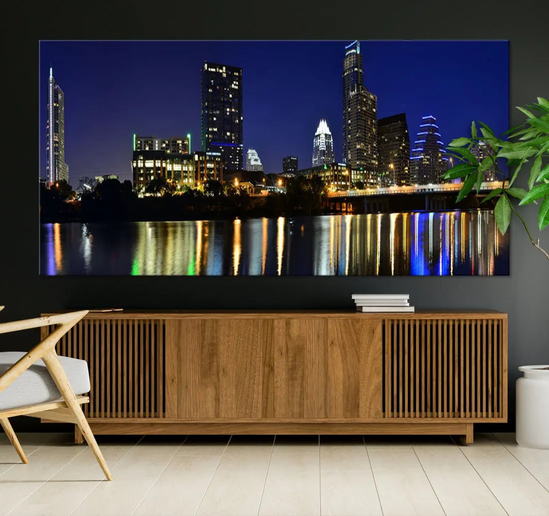 Large Austin City Night Blue Skyline Lights Cityscape Wall Art Print on Canvas