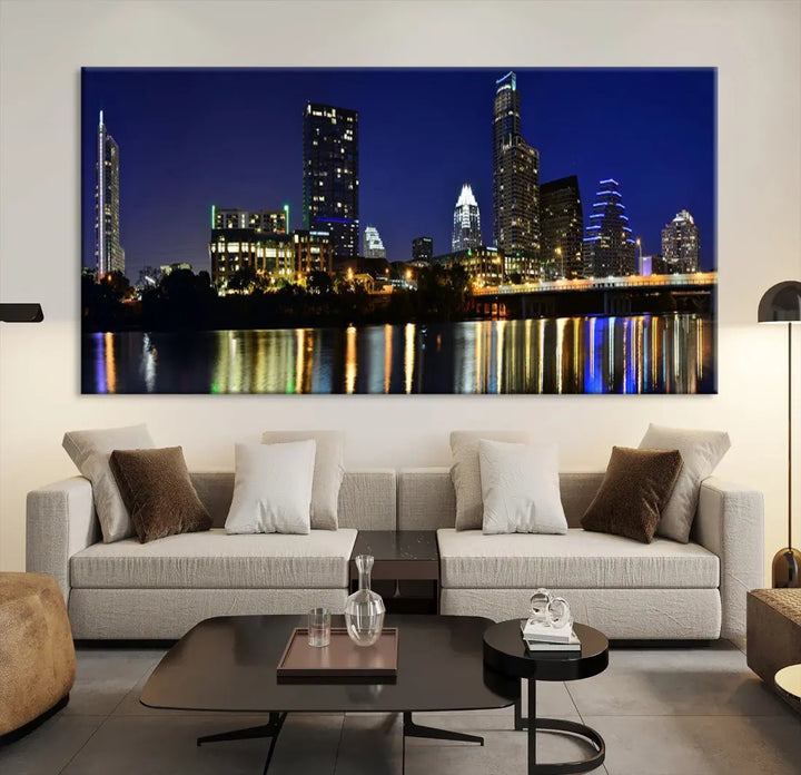 Large Austin City Night Blue Skyline Lights Cityscape Wall Art Print on Canvas