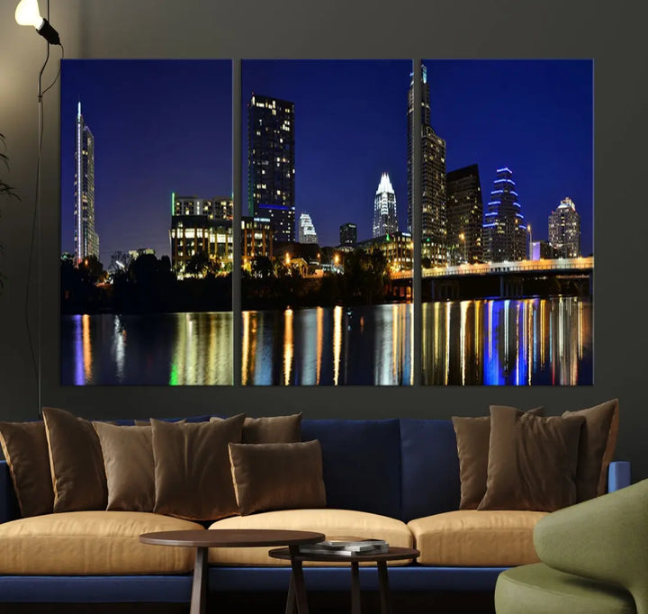 Large Austin City Night Blue Skyline Lights Cityscape Wall Art Print on Canvas