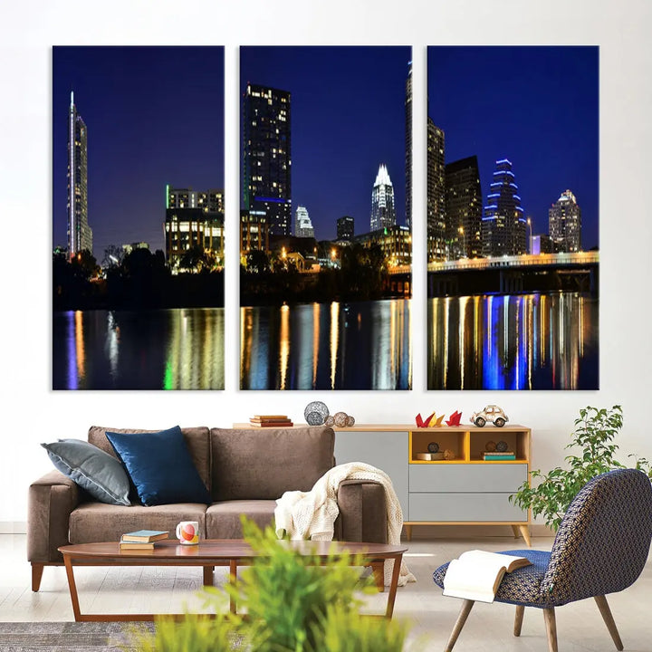 Large Austin City Night Blue Skyline Lights Cityscape Wall Art Print on Canvas