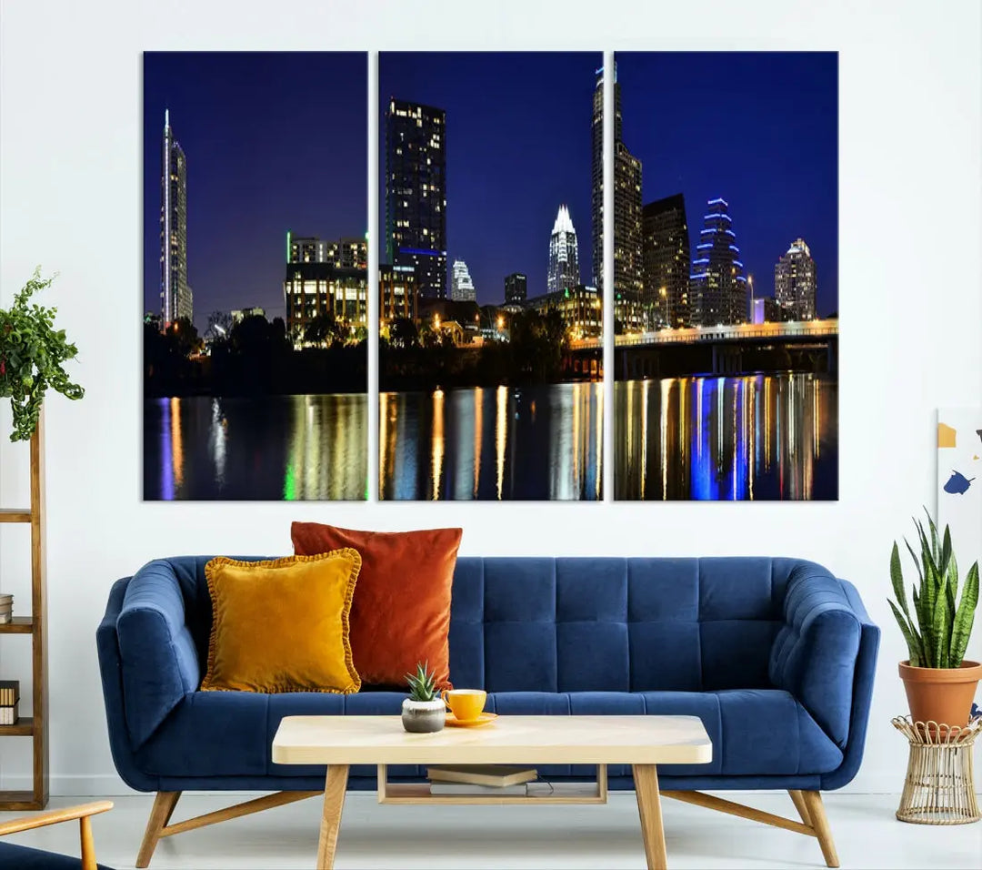 Large Austin City Night Blue Skyline Lights Cityscape Wall Art Print on Canvas