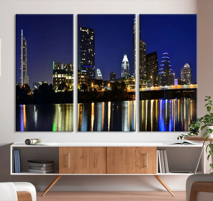 Large Austin City Night Blue Skyline Lights Cityscape Wall Art Print on Canvas